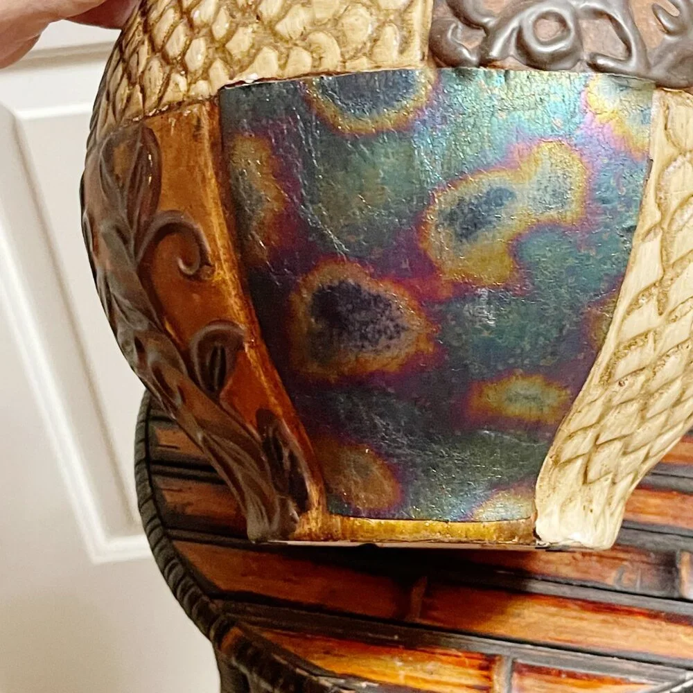 Pier 1 Vase Tan Turquoise Blue Multi Color Texture Pattern Ceramic Metal Unique!